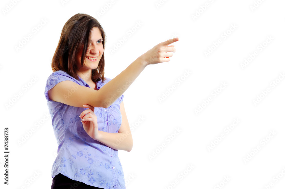 attractive young woman pointing to something attractive young woman pointing to something
