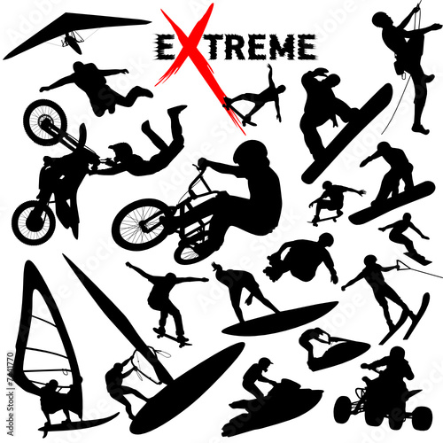 Vector eXtreme sport silhouettes - snowboarding, skateboarding, BMX, Jumping, jetski, biking, water ski, climber, surfing illustration #7441770