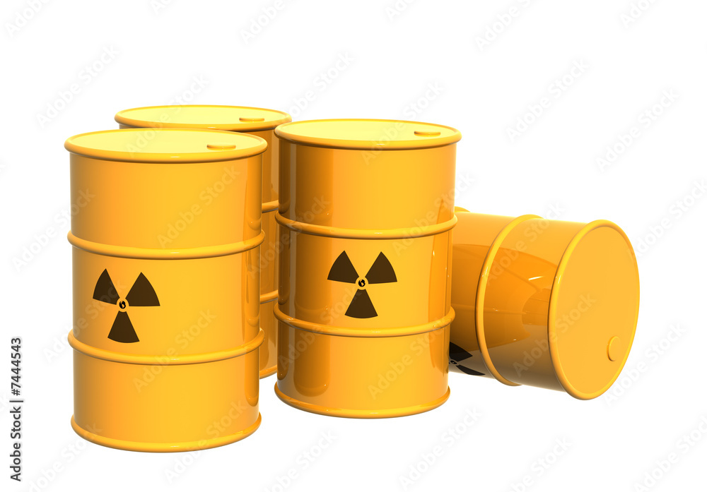 Four yellow tanks with a radioactive symbol Four yellow tanks with a radioactive symbol