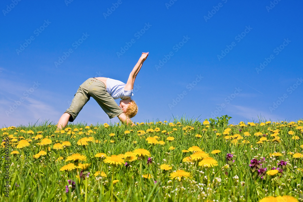 young female excercising yoga on flowery meadow young female excercising yoga on flowery meadow