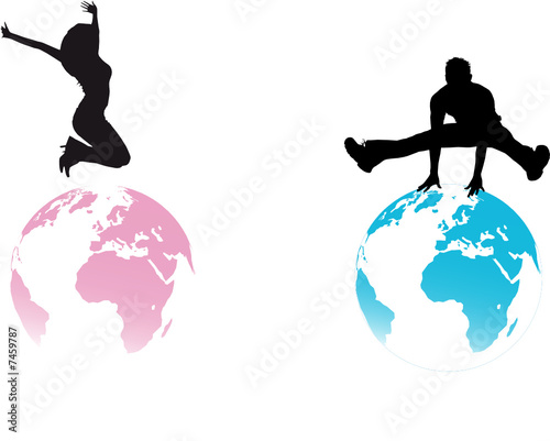 silhouettes homme et femme sautant sur des planètes 