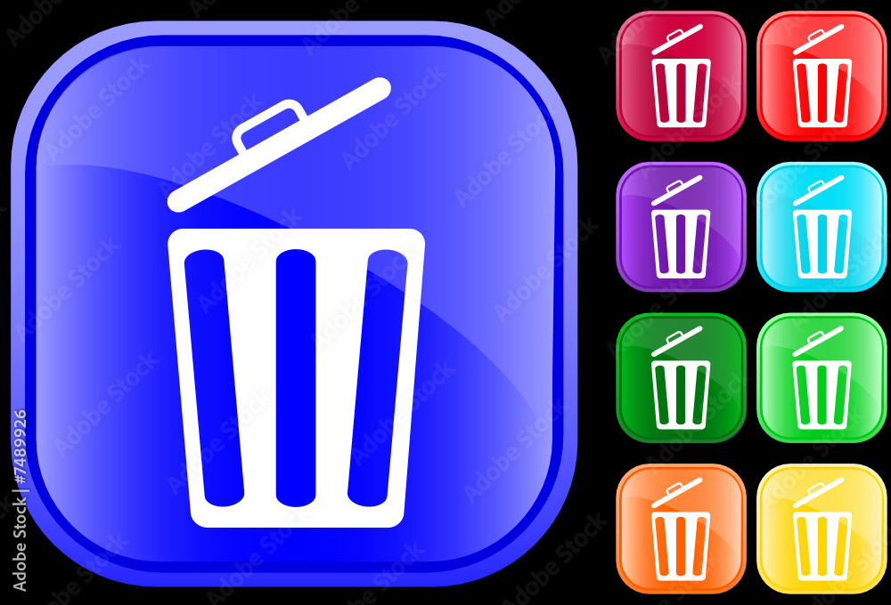 Icon of a garbage can on shiny square buttons Icon of a garbage can on shiny square buttons