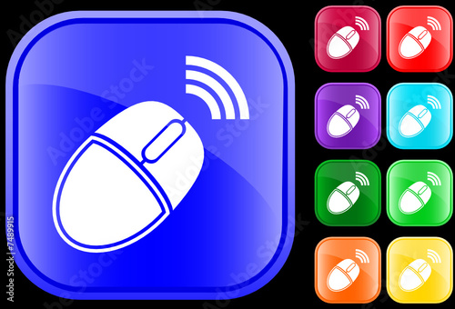 Icon of wireless computer mouse on shiny square buttons
