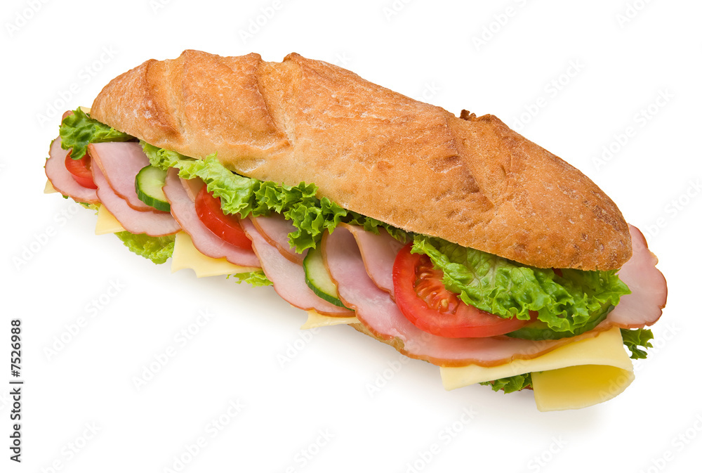 Fresh foot-long submarine sandwich with ham and cheese Fresh foot-long submarine sandwich with ham and cheese
