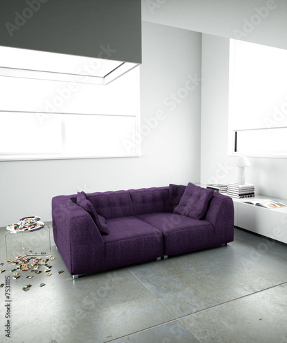purple sofa in minimalist interior