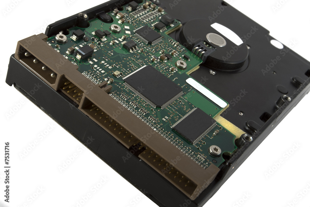 back of an opened hard drive on white background back of an opened hard drive on white background