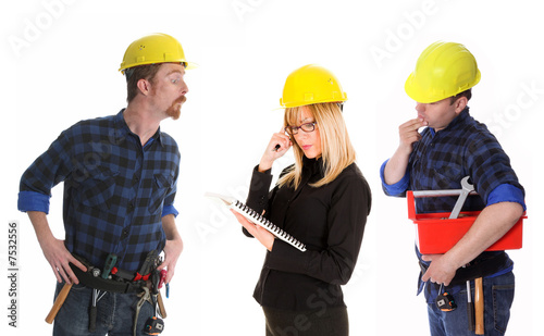 angry businesswoman and construction workers