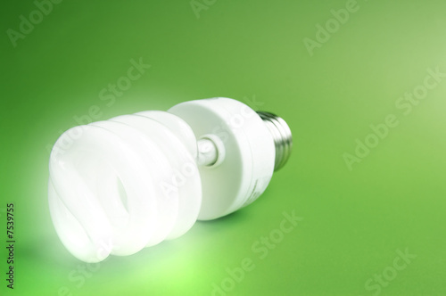 Compact fluorescent light bulb on green (green energy)