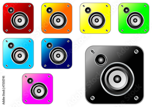Colorful square speakers isolated over white background