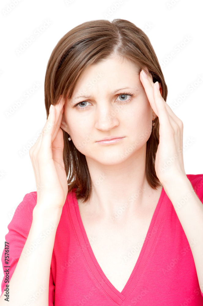 woman touching her temples with hands having a headache woman touching her temples with hands having a headache
