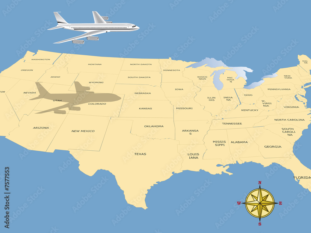 Travel conceptual illustration a plane flying over USA map Stock