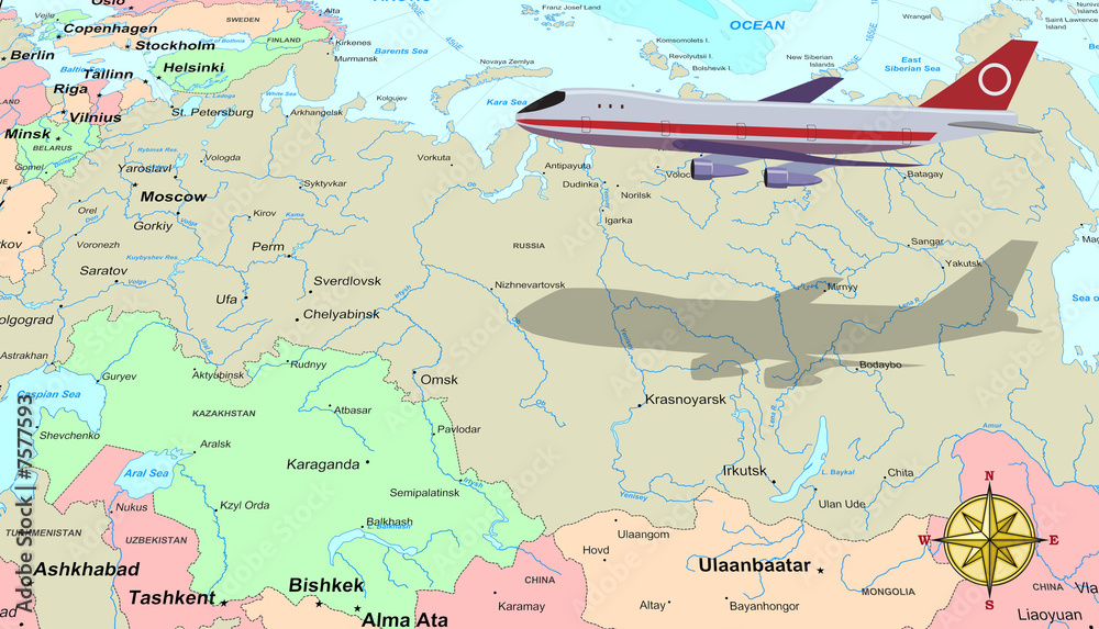 Travel conceptual illustration: a plane flying over Russia map