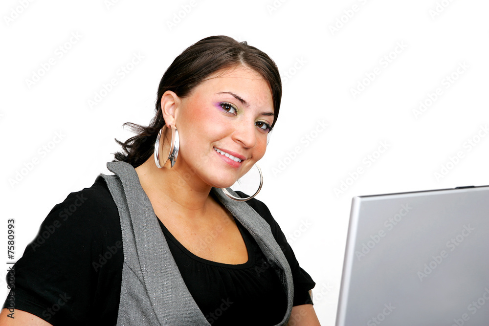 business woman and laptop over white