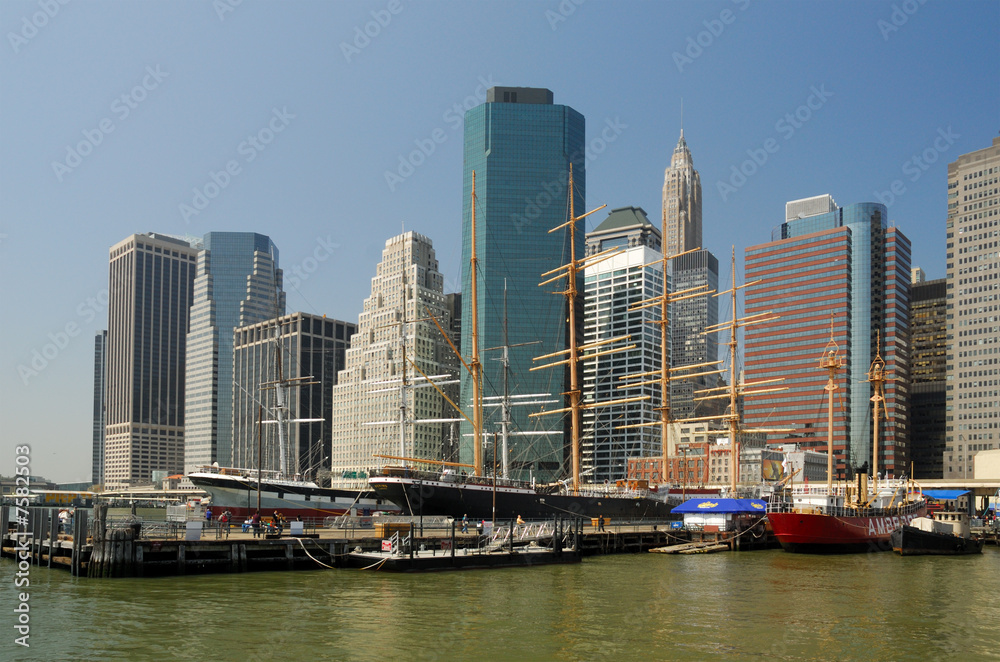 Boats and buildings in South Street Seaport in New York