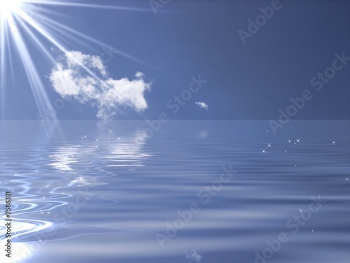  blue sky and sun reflected in water 