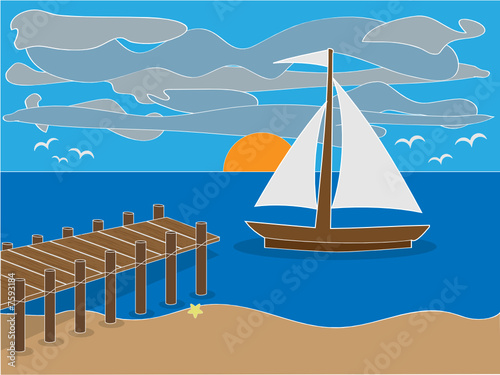 Sunrise near dock on beach with sailboat, clouds and birds