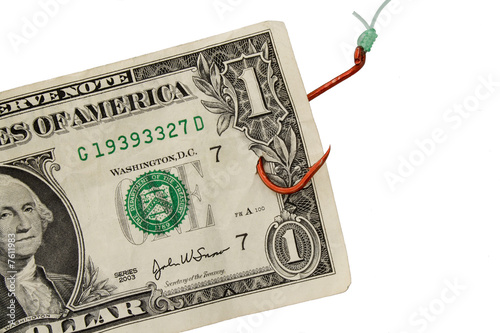 Obraz na plátne Hooked on Debt - Close Up, US Banknote Caught On Hook
