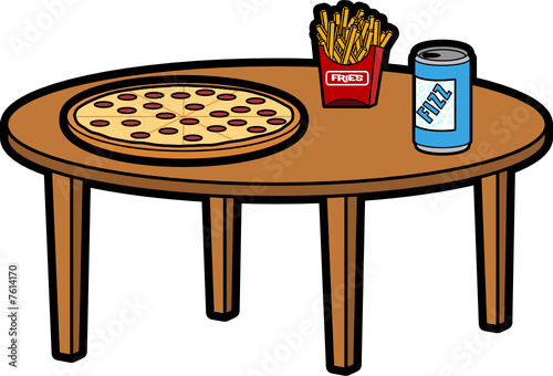 Pizza on table with drink & fries