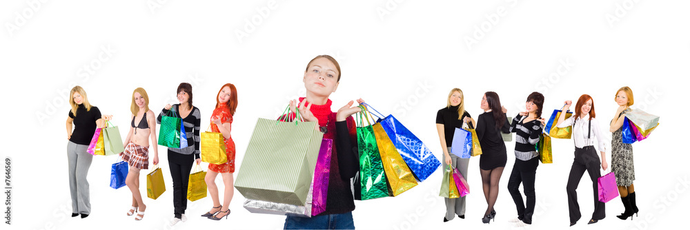 Obraz premium Group of ten shopping girls 