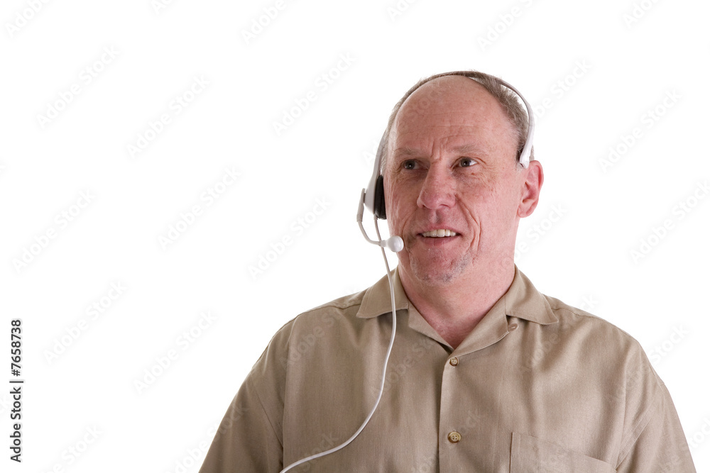 Man with Telephone Headset in Brown Shirt
