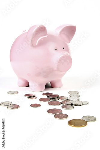 Pink Piggy Bank with coins