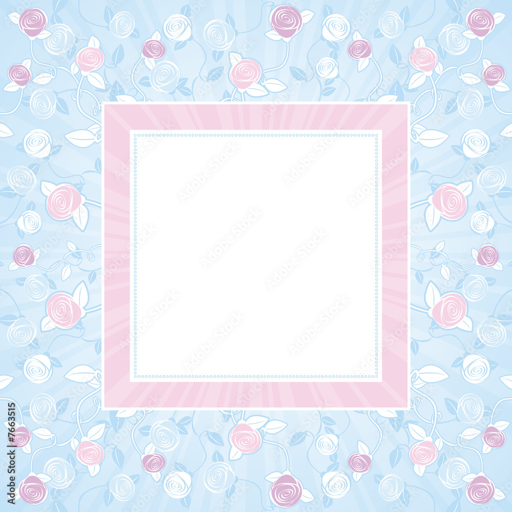pink and purple roses on blue square background