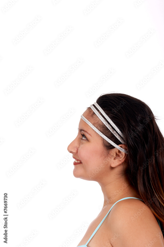 smiling woman looking up smiling woman looking up