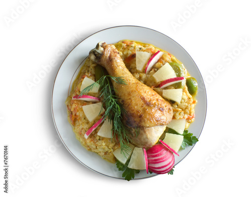 Chicken with rice and vegetables. Isolated photo