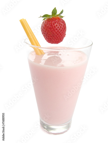 Smoothie made with strawberries isolated on white background.