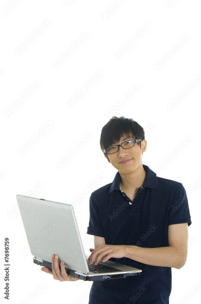 A young asian student with computer