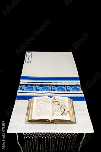 Jewish Prayer Shawl, Prayer Book, And Glasses