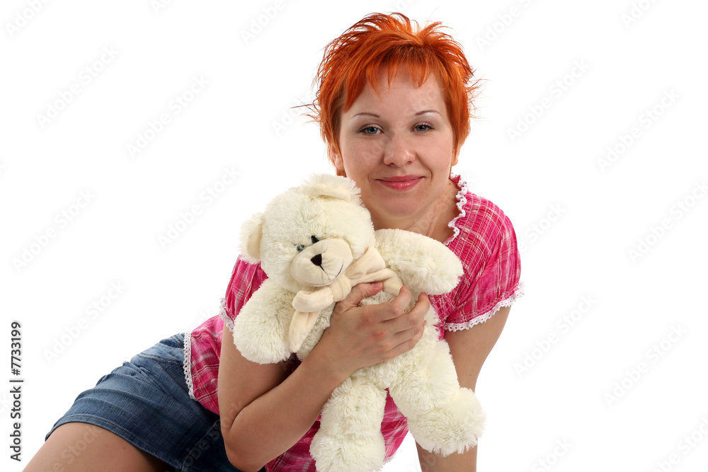 red haired woman with teddy bear isolaited on white background red haired woman with teddy bear isolaited on white background