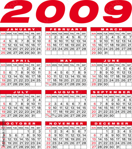 Calendar for 2009. Numbers within a grid.