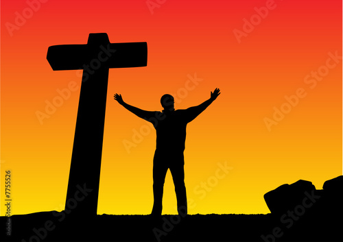 man with open arms and a cross