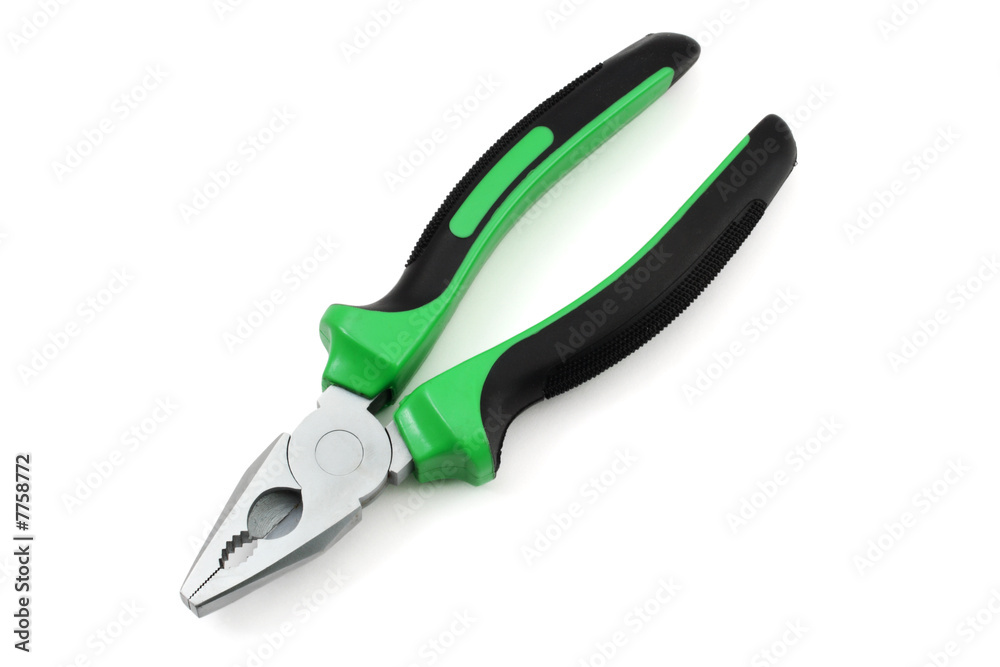 Pliers with green handles on white background Pliers with green handles on white background