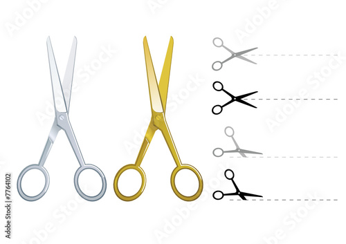 Set of vector silver and gold scissors cutting paper