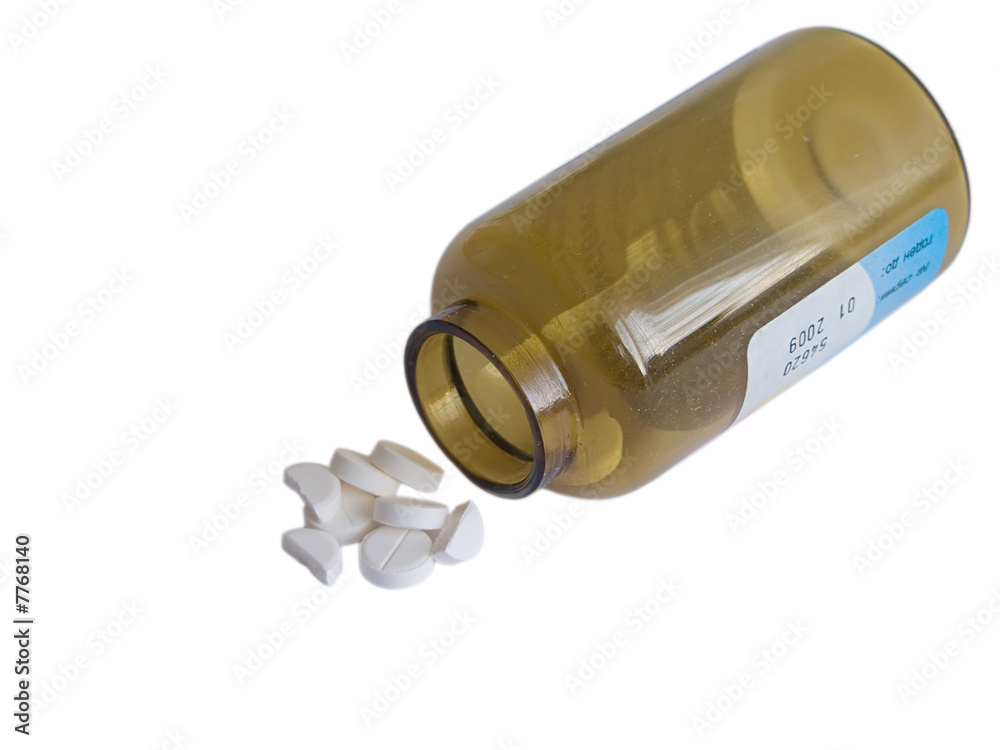 Tablets with glass bottle isolated on white background Tablets with glass bottle isolated on white background