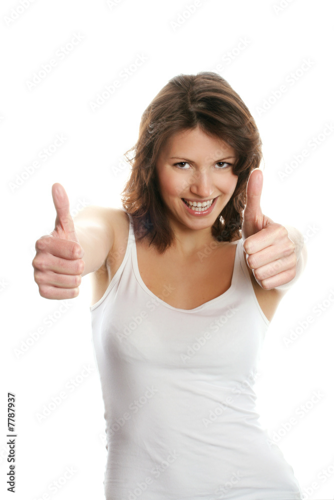 smiling happy woman isolated on white background with thumbs up smiling happy woman isolated on white background with thumbs up