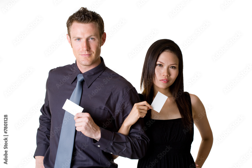 businessman and woman showing blank bussiness card businessman and woman showing blank bussiness card