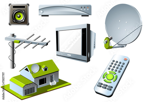 TV system - remote control, tv set and satellite photo