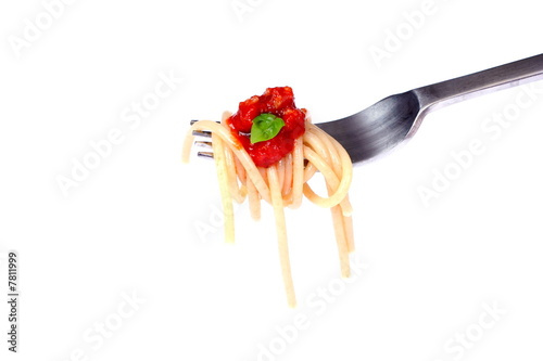 Bite of spaghetti bolognese  isolated