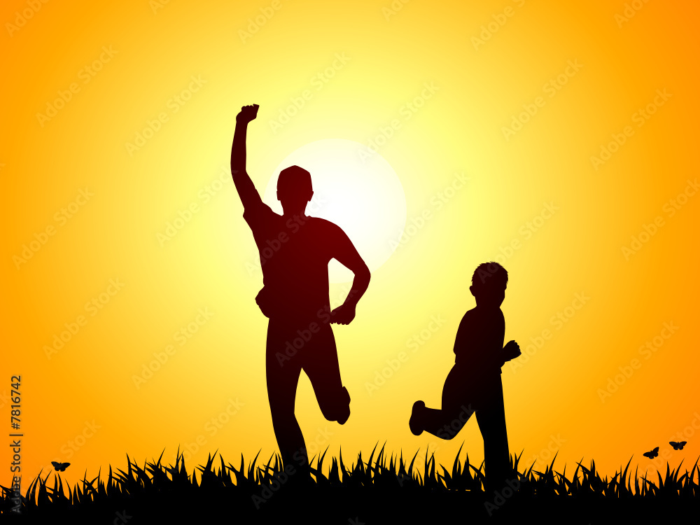 Boy and child runnind in a field Boy and child runnind in a field