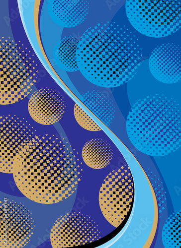 Abstract gold balls and blue waves background
