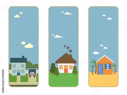 three banners with houses