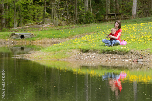 mother and son fishing