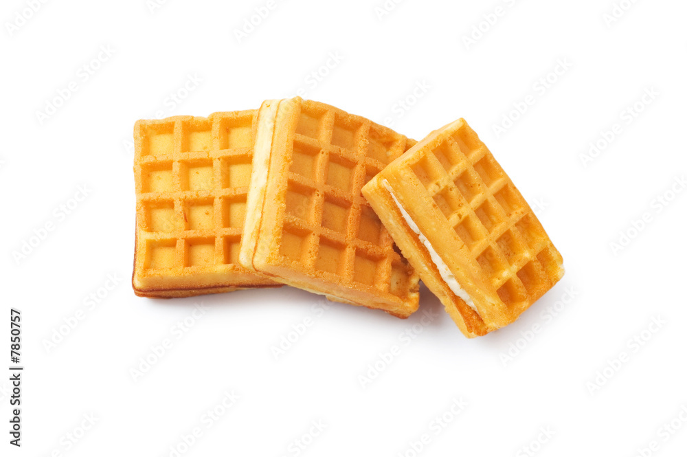 Three pieces of belgian waffles isolated on white