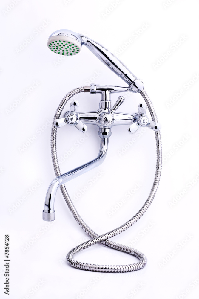 Obraz premium Photo of chrome metal shower. Isolated on white background.