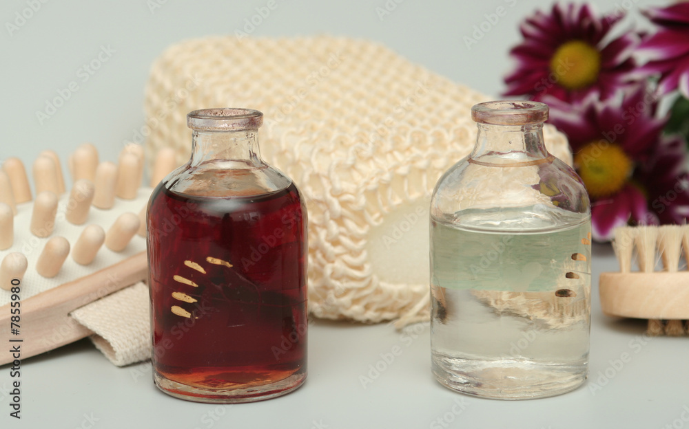 Cosmetic accessories and two bottles with oil and Cosmetic accessories and two bottles with oil and