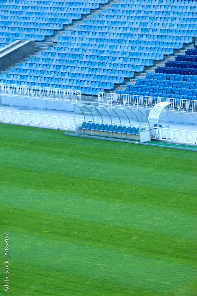 Fototapeta premium Football stadium seats and grass field of the stadium in Kiev