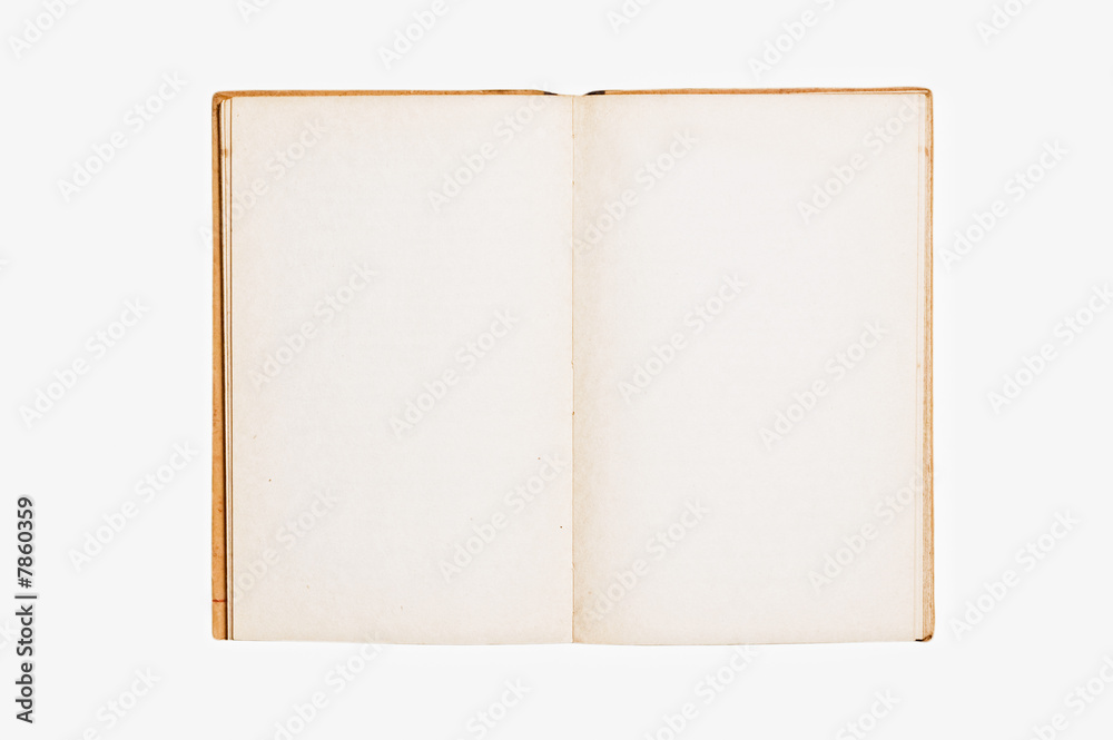 Open vintage book on white background.